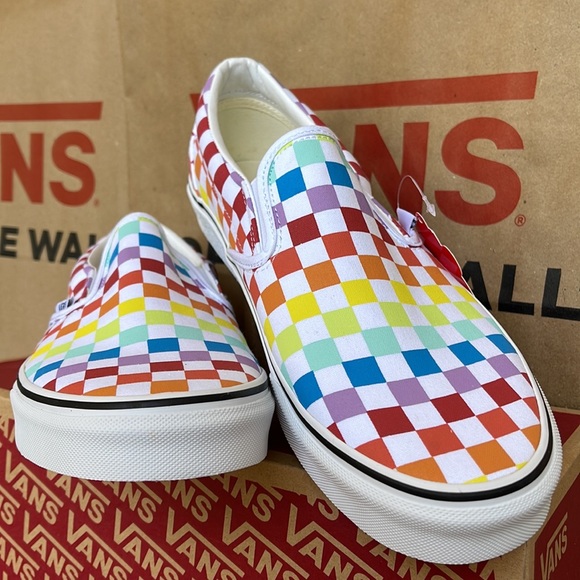 Vans Classic Slip On Checkerboard Rainbow/True White sneakers WMNS - Picture 8 of 16